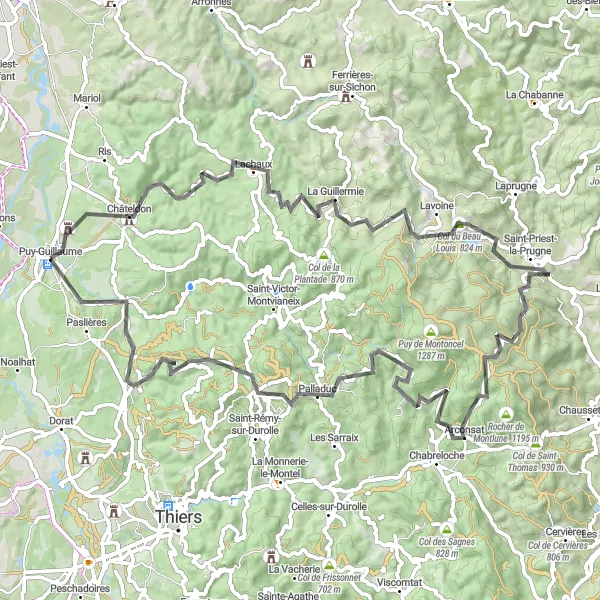 Miniature de la carte de l'inspiration cycliste "Parcours entre collines et villages médiévaux" dans la Auvergne, France. Générée par le planificateur d'itinéraire cycliste Tarmacs.app
