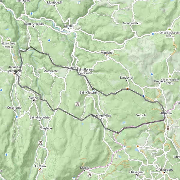 Miniature de la carte de l'inspiration cycliste "Tour des Volcans" dans la Auvergne, France. Générée par le planificateur d'itinéraire cycliste Tarmacs.app