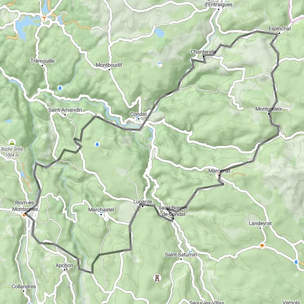 Map miniature of "Riom-ès-Montagnes Loop" cycling inspiration in Auvergne, France. Generated by Tarmacs.app cycling route planner