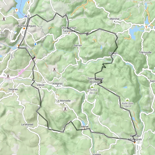 Map miniature of "Bort-les-Orgues Loop" cycling inspiration in Auvergne, France. Generated by Tarmacs.app cycling route planner