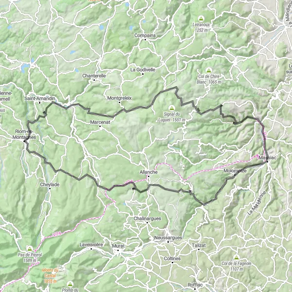 Map miniature of "Vestizoux Challenge" cycling inspiration in Auvergne, France. Generated by Tarmacs.app cycling route planner