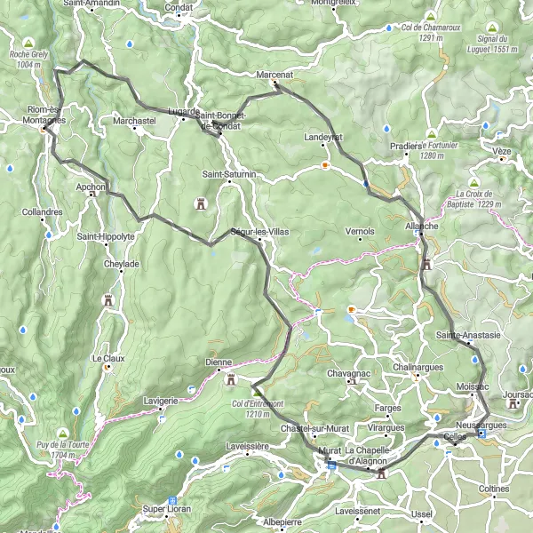 Map miniature of "Riom-ès-Montagnes to Apchon Loop" cycling inspiration in Auvergne, France. Generated by Tarmacs.app cycling route planner