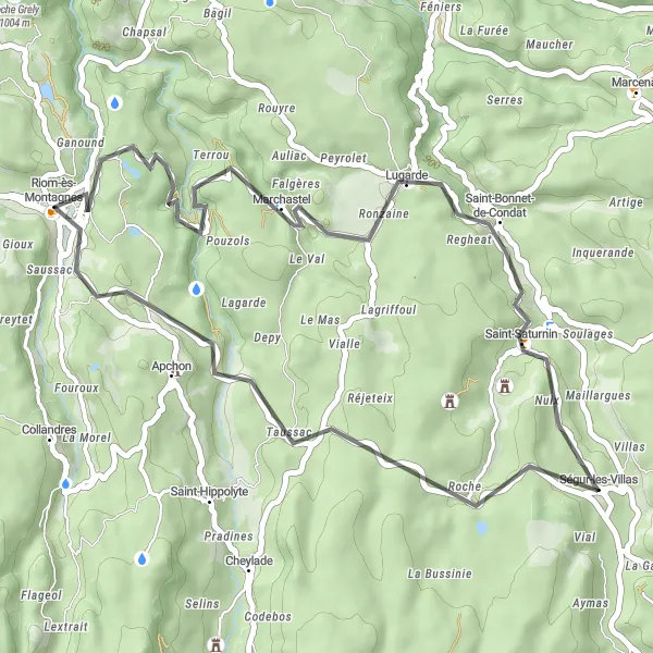 Miniature de la carte de l'inspiration cycliste "Boucle autour de Marchastel et Saint-Bonnet-de-Condat" dans la Auvergne, France. Générée par le planificateur d'itinéraire cycliste Tarmacs.app