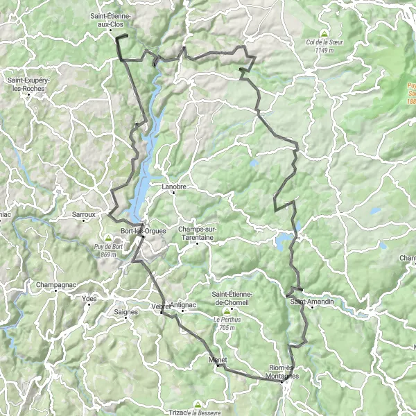 Map miniature of "Road Cycling Loop from Riom-ès-Montagnes" cycling inspiration in Auvergne, France. Generated by Tarmacs.app cycling route planner