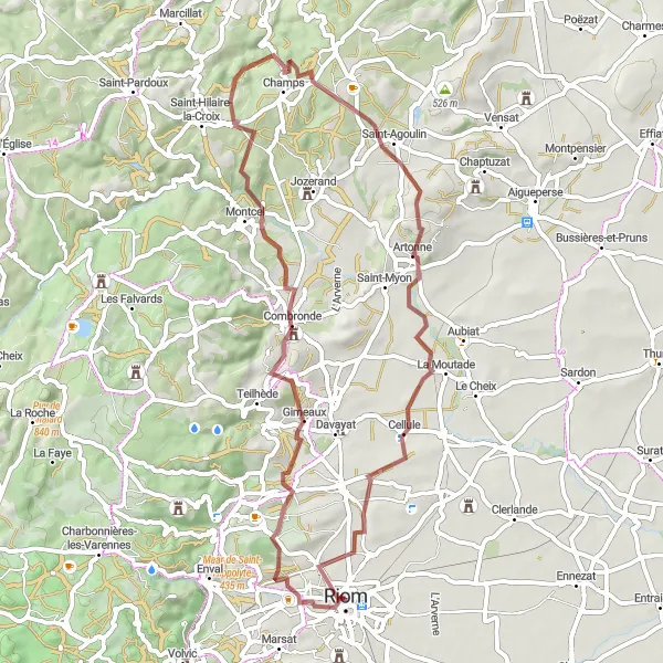 Miniature de la carte de l'inspiration cycliste "Boucle nature autour de Riom" dans la Auvergne, France. Générée par le planificateur d'itinéraire cycliste Tarmacs.app