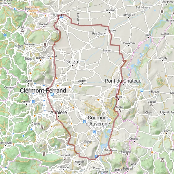 Map miniature of "Explore the Gravel Paths of Clermont-Ferrand" cycling inspiration in Auvergne, France. Generated by Tarmacs.app cycling route planner