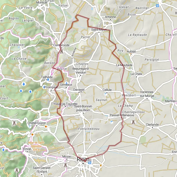 Map miniature of "Combronde Gravel Loop" cycling inspiration in Auvergne, France. Generated by Tarmacs.app cycling route planner