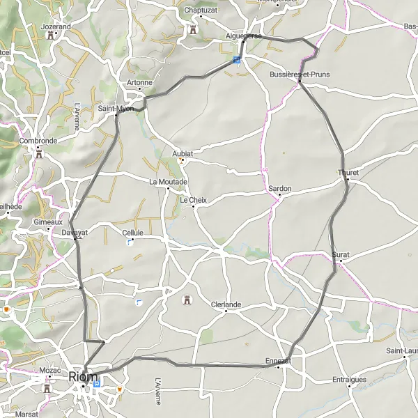 Map miniature of "Beauregard-Vendon Loop" cycling inspiration in Auvergne, France. Generated by Tarmacs.app cycling route planner