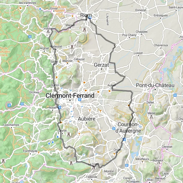 Map miniature of "Aulnat to Volvic Adventure" cycling inspiration in Auvergne, France. Generated by Tarmacs.app cycling route planner