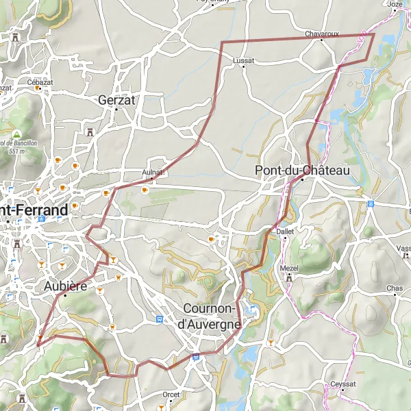 Map miniature of "Gravel Route around Romagnat" cycling inspiration in Auvergne, France. Generated by Tarmacs.app cycling route planner