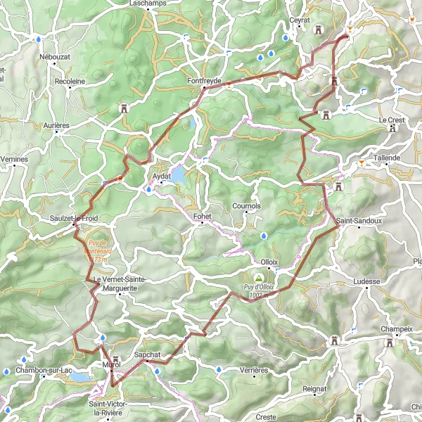 Miniature de la carte de l'inspiration cycliste "Boucle de Chanonat et Saint-Nectaire" dans la Auvergne, France. Générée par le planificateur d'itinéraire cycliste Tarmacs.app