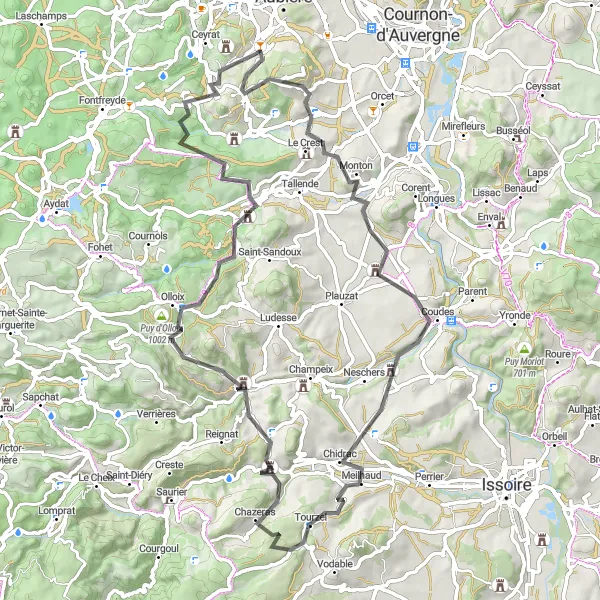 Map miniature of "Road Route to Plateau de Gergovie" cycling inspiration in Auvergne, France. Generated by Tarmacs.app cycling route planner