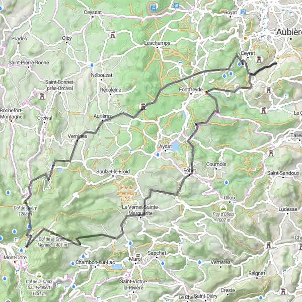 Map miniature of "Road Route to Cascade de Barbier" cycling inspiration in Auvergne, France. Generated by Tarmacs.app cycling route planner