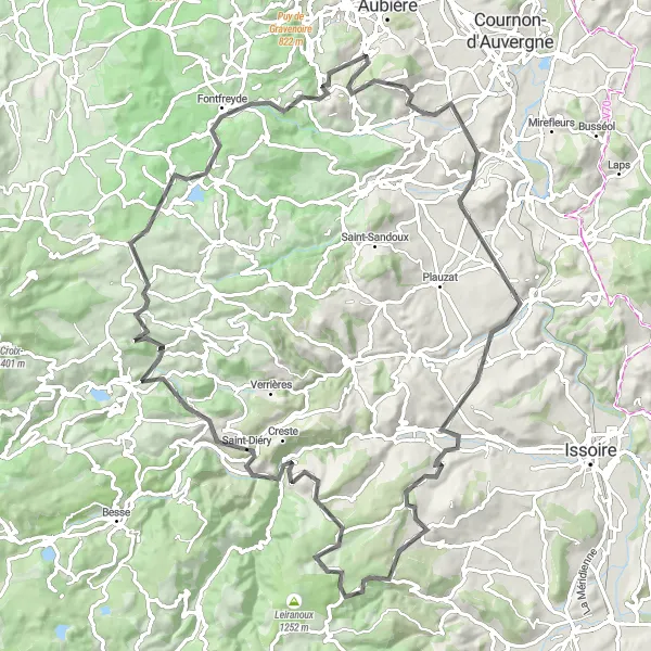 Map miniature of "Plateau de Gergovie Road Route" cycling inspiration in Auvergne, France. Generated by Tarmacs.app cycling route planner