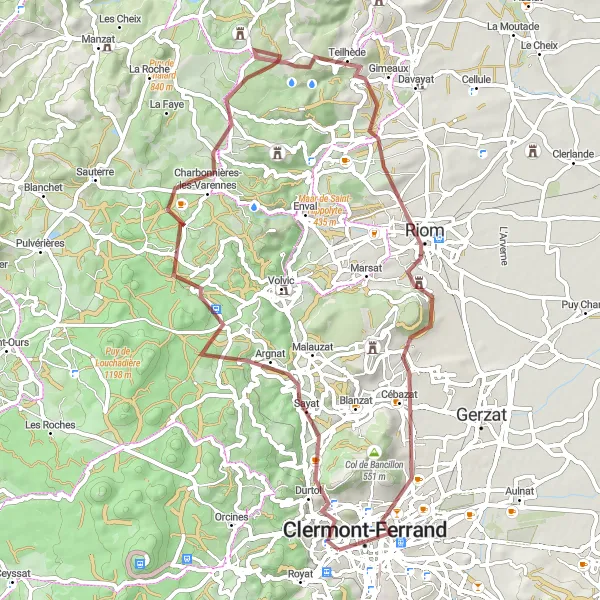 Map miniature of "The Countryside Escape" cycling inspiration in Auvergne, France. Generated by Tarmacs.app cycling route planner