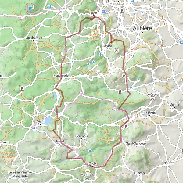 Miniature de la carte de l'inspiration cycliste "Tour de Puy de Montaudoux en gravier" dans la Auvergne, France. Générée par le planificateur d'itinéraire cycliste Tarmacs.app
