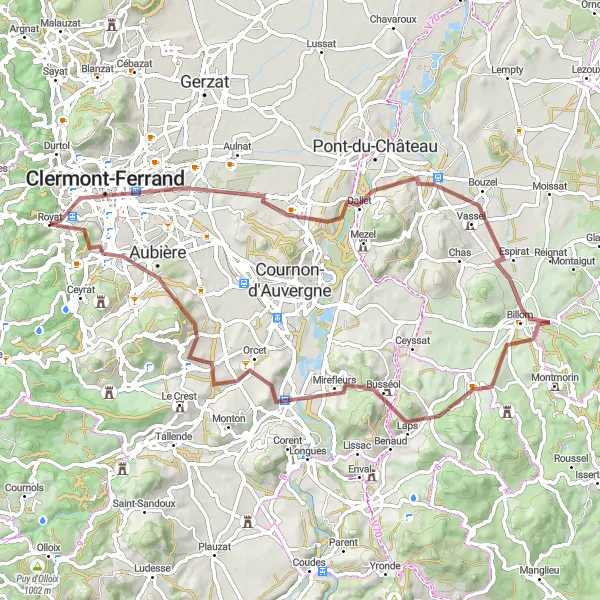 Miniature de la carte de l'inspiration cycliste "Le Circuit des Collines et des Châteaux" dans la Auvergne, France. Générée par le planificateur d'itinéraire cycliste Tarmacs.app