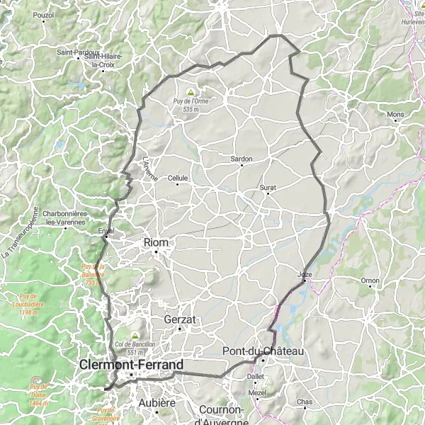 Map miniature of "Volcanic Adventure" cycling inspiration in Auvergne, France. Generated by Tarmacs.app cycling route planner