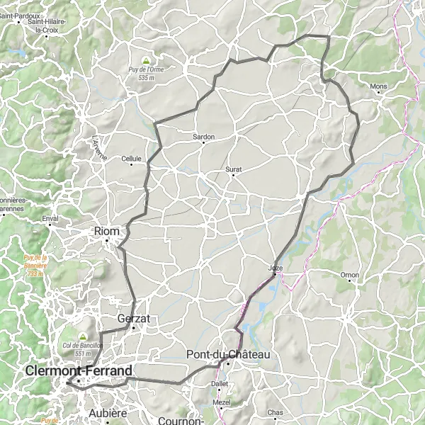 Miniature de la carte de l'inspiration cycliste "Exploration des Collines et Villages en Cyclisme de Route" dans la Auvergne, France. Générée par le planificateur d'itinéraire cycliste Tarmacs.app