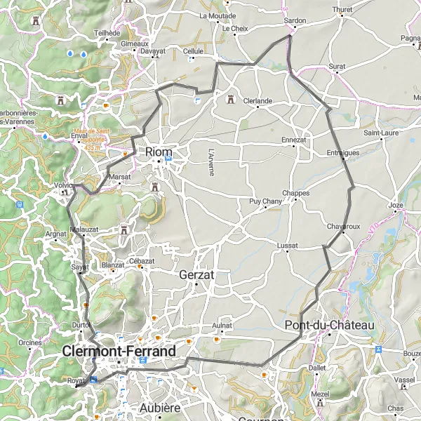 Miniature de la carte de l'inspiration cycliste "Randonnée sur Route autour de Clermont-Ferrand" dans la Auvergne, France. Générée par le planificateur d'itinéraire cycliste Tarmacs.app