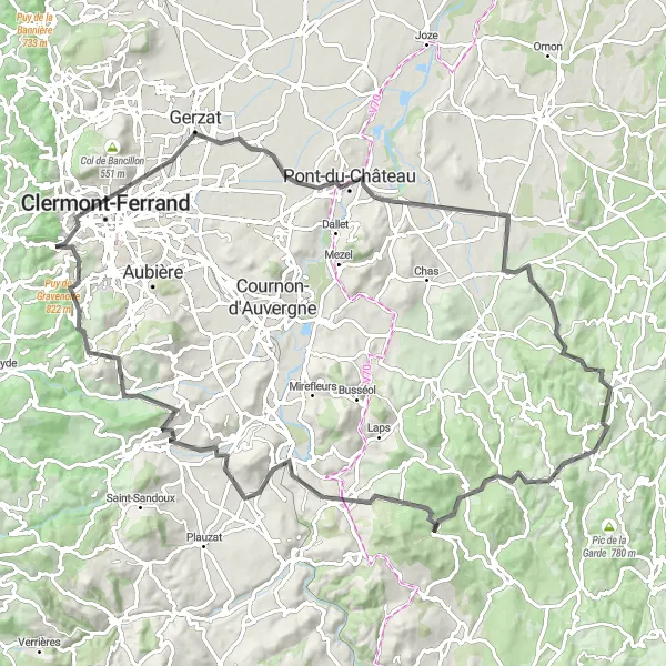 Miniature de la carte de l'inspiration cycliste "La Route des Châteaux et des Vignobles" dans la Auvergne, France. Générée par le planificateur d'itinéraire cycliste Tarmacs.app
