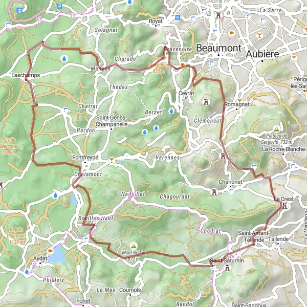 Map miniature of "Mont Redon Gravel Loop" cycling inspiration in Auvergne, France. Generated by Tarmacs.app cycling route planner