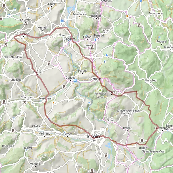 Map miniature of "Usson and Varennes loop" cycling inspiration in Auvergne, France. Generated by Tarmacs.app cycling route planner