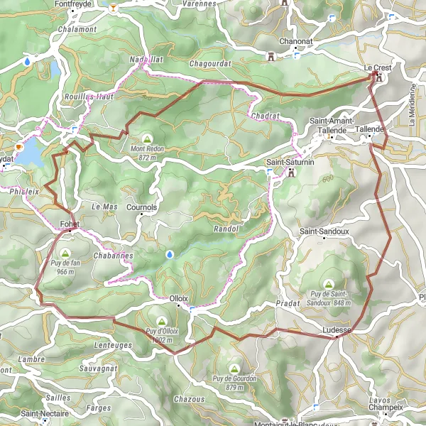 Map miniature of "Puy de Gourdon adventure" cycling inspiration in Auvergne, France. Generated by Tarmacs.app cycling route planner