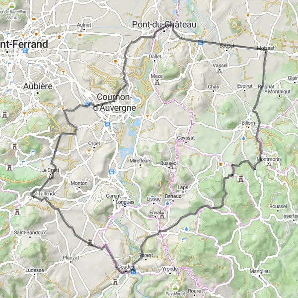 Map miniature of "The Auvergne Adventure" cycling inspiration in Auvergne, France. Generated by Tarmacs.app cycling route planner