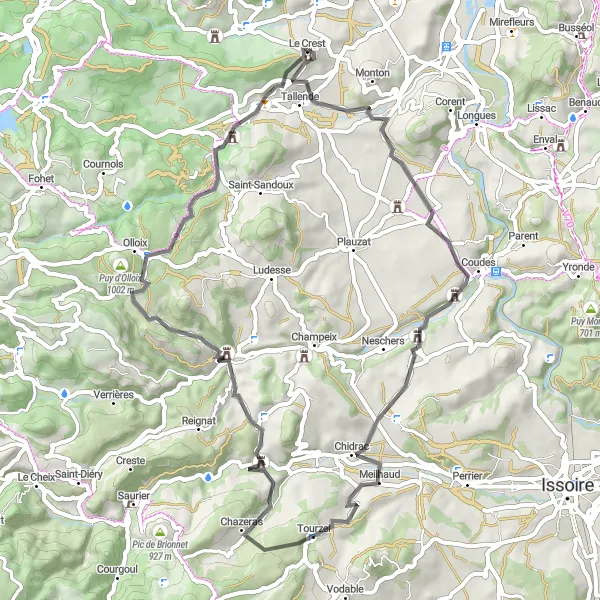 Map miniature of "The Puy de Gourdon Challenge" cycling inspiration in Auvergne, France. Generated by Tarmacs.app cycling route planner