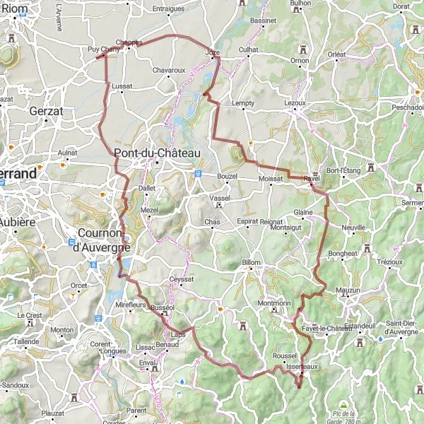 Miniature de la carte de l'inspiration cycliste "Adventure Gravel Puy Circuit" dans la Auvergne, France. Générée par le planificateur d'itinéraire cycliste Tarmacs.app