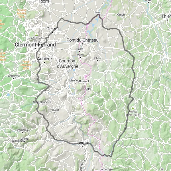 Map miniature of "Road Cycling Route around Saint-Beauzire" cycling inspiration in Auvergne, France. Generated by Tarmacs.app cycling route planner