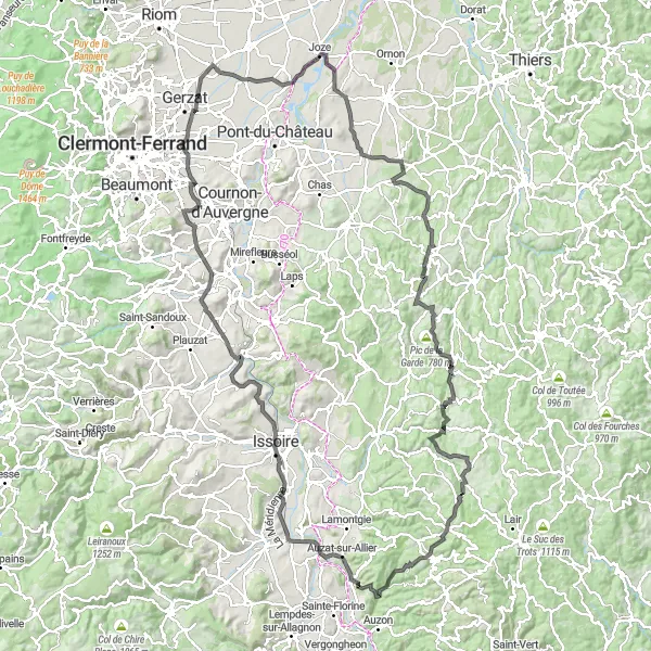 Miniature de la carte de l'inspiration cycliste "Boucle des Volcans" dans la Auvergne, France. Générée par le planificateur d'itinéraire cycliste Tarmacs.app