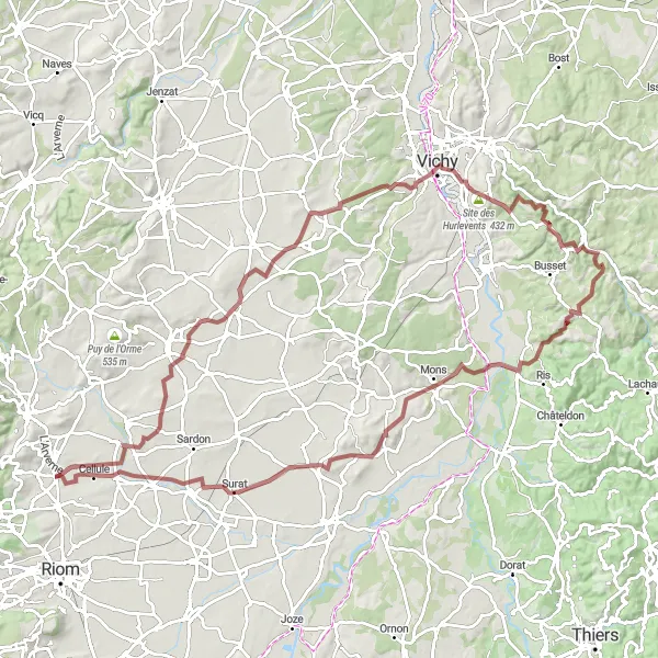 Map miniature of "Challenging Gravel Challenge" cycling inspiration in Auvergne, France. Generated by Tarmacs.app cycling route planner