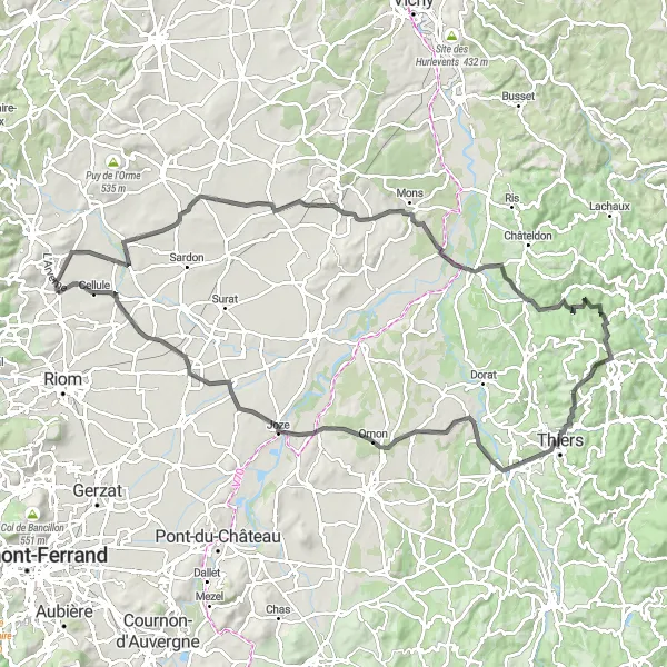 Miniature de la carte de l'inspiration cycliste "Exploration des Châteaux et Villages d'Auvergne en Vélo de Route" dans la Auvergne, France. Générée par le planificateur d'itinéraire cycliste Tarmacs.app