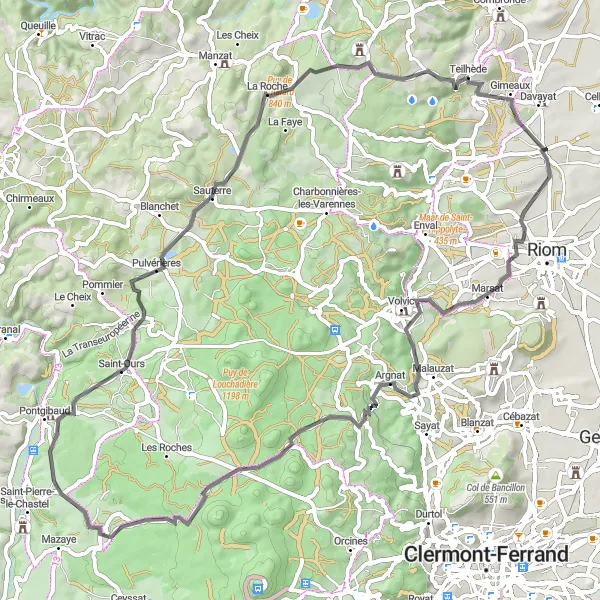 Map miniature of "Tour Around Château des Tours-Portabéraud" cycling inspiration in Auvergne, France. Generated by Tarmacs.app cycling route planner