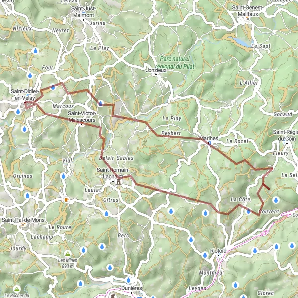 Miniature de la carte de l'inspiration cycliste "Tour des Vignobles du Velay" dans la Auvergne, France. Générée par le planificateur d'itinéraire cycliste Tarmacs.app