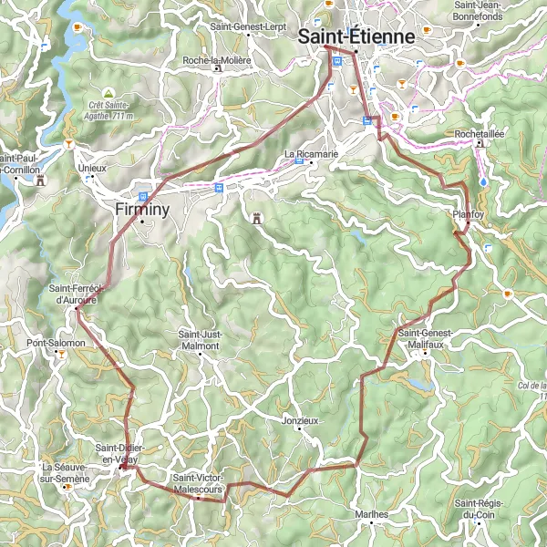 Miniature de la carte de l'inspiration cycliste "Boucle des Monts du Velay" dans la Auvergne, France. Générée par le planificateur d'itinéraire cycliste Tarmacs.app