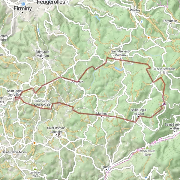 Miniature de la carte de l'inspiration cycliste "Les Collines de la Jeune Loire" dans la Auvergne, France. Générée par le planificateur d'itinéraire cycliste Tarmacs.app