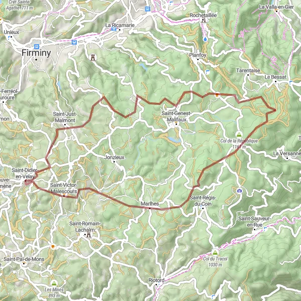 Miniature de la carte de l'inspiration cycliste "Escapade dans les sucs et les vallées" dans la Auvergne, France. Générée par le planificateur d'itinéraire cycliste Tarmacs.app