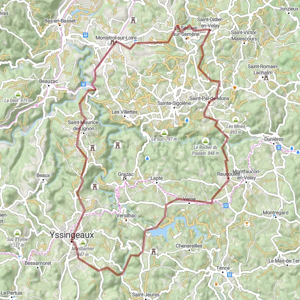Miniature de la carte de l'inspiration cycliste "Tour des sucs de la Haute-Loire" dans la Auvergne, France. Générée par le planificateur d'itinéraire cycliste Tarmacs.app
