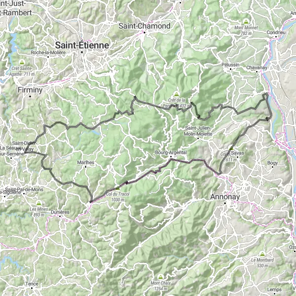 Miniature de la carte de l'inspiration cycliste "Les Montagnes Ardéchoises" dans la Auvergne, France. Générée par le planificateur d'itinéraire cycliste Tarmacs.app