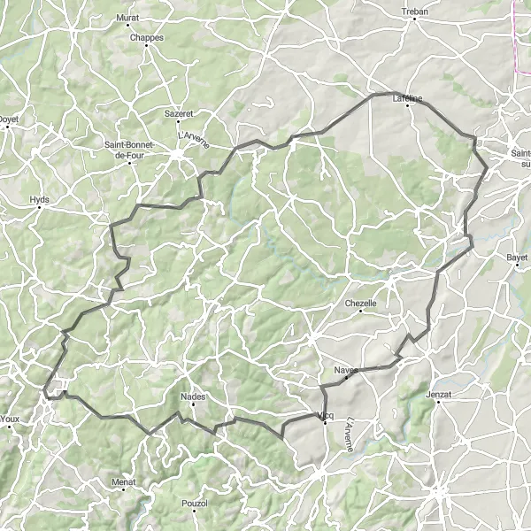 Miniature de la carte de l'inspiration cycliste "Les routes sinueuses de l'Auvergne" dans la Auvergne, France. Générée par le planificateur d'itinéraire cycliste Tarmacs.app