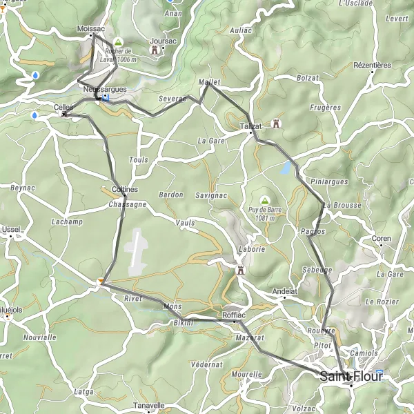 Miniature de la carte de l'inspiration cycliste "Boucle de Saint-Flour à travers les collines" dans la Auvergne, France. Générée par le planificateur d'itinéraire cycliste Tarmacs.app