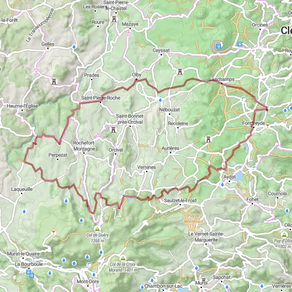 Map miniature of "Venturing Into Nature" cycling inspiration in Auvergne, France. Generated by Tarmacs.app cycling route planner
