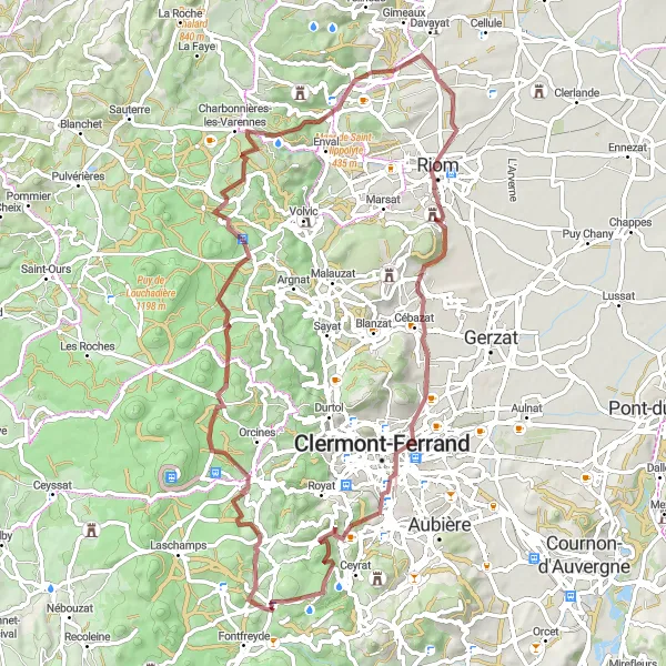 Map miniature of "Montrodeix Gravel Loop" cycling inspiration in Auvergne, France. Generated by Tarmacs.app cycling route planner