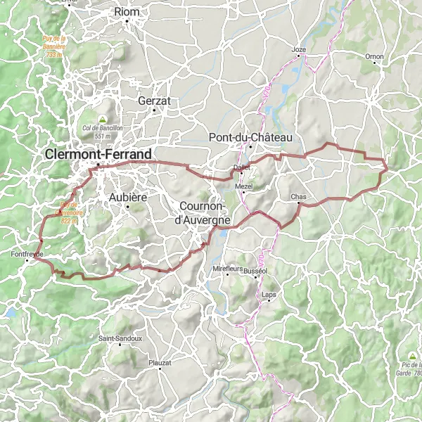 Map miniature of "Champanelle Countryside Escape" cycling inspiration in Auvergne, France. Generated by Tarmacs.app cycling route planner