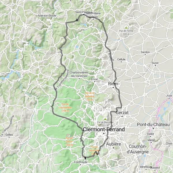 Miniature de la carte de l'inspiration cycliste "Les Volcans Road Trip" dans la Auvergne, France. Générée par le planificateur d'itinéraire cycliste Tarmacs.app