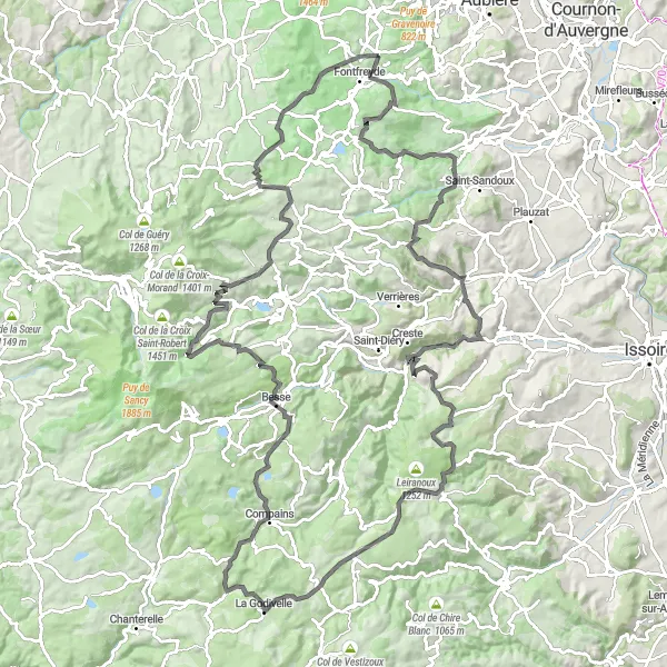 Map miniature of "Champanelle Road Challange" cycling inspiration in Auvergne, France. Generated by Tarmacs.app cycling route planner