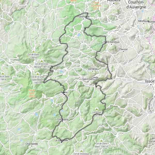 Miniature de la carte de l'inspiration cycliste "Expédition épique vers les sommets d'Auvergne" dans la Auvergne, France. Générée par le planificateur d'itinéraire cycliste Tarmacs.app